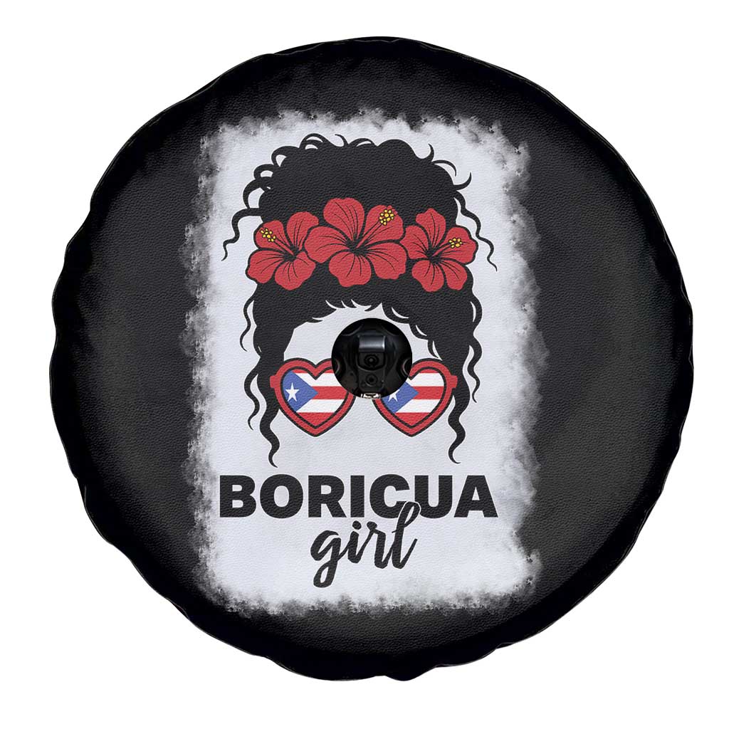 Boricua Girl Spare Tire Cover Messy Bun Puerto Rican Flag Hibiscus Flower - Wonder Print Shop