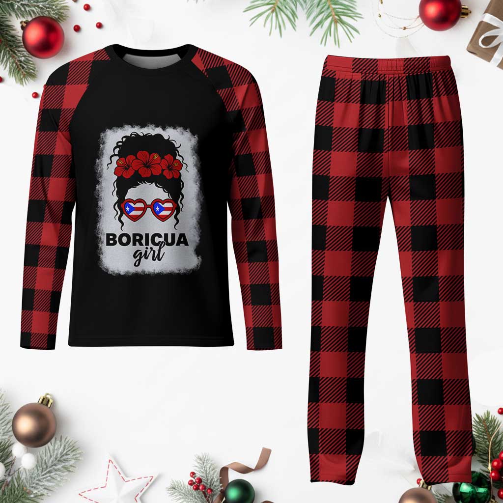 Boricua Girl Plaid Pajama Set Messy Bun Puerto Rican Flag Hibiscus Flower - Wonder Print Shop