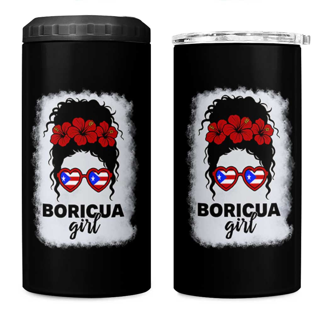 Boricua Girl 4 in 1 Can Cooler Tumbler Messy Bun Puerto Rican Flag Hibiscus Flower - Wonder Print Shop