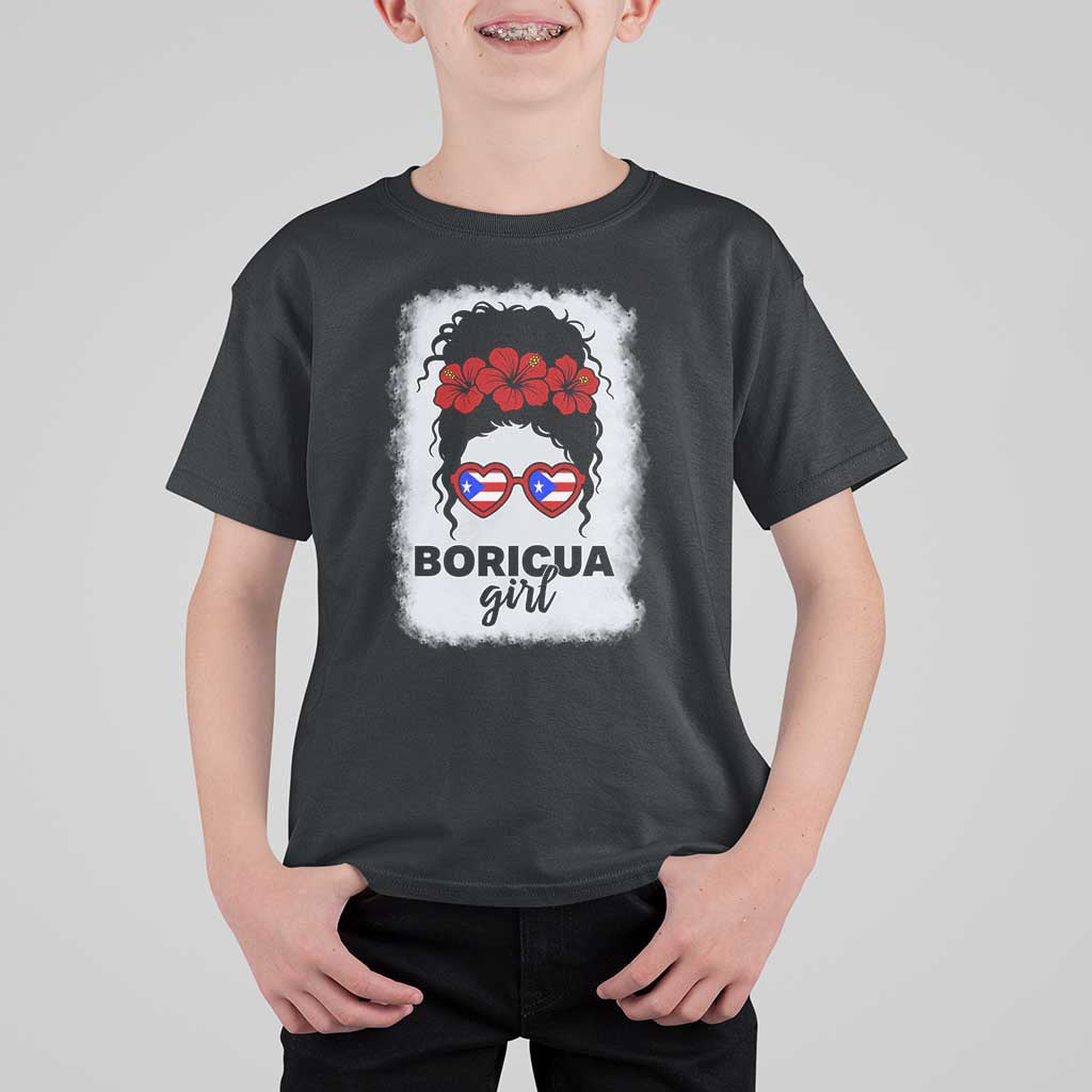 Boricua Girl T Shirt For Kid Messy Bun Puerto Rican Flag Hibiscus Flower - Wonder Print Shop