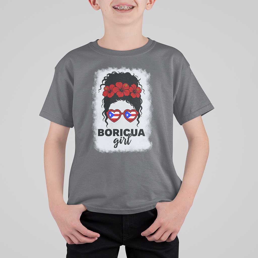 Boricua Girl T Shirt For Kid Messy Bun Puerto Rican Flag Hibiscus Flower - Wonder Print Shop