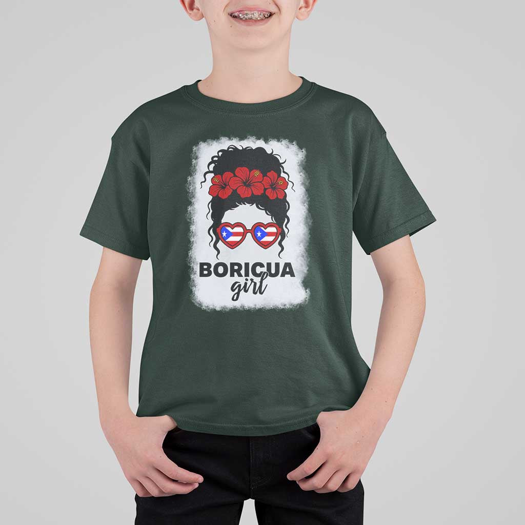 Boricua Girl T Shirt For Kid Messy Bun Puerto Rican Flag Hibiscus Flower - Wonder Print Shop