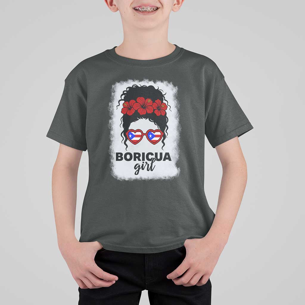 Boricua Girl T Shirt For Kid Messy Bun Puerto Rican Flag Hibiscus Flower - Wonder Print Shop