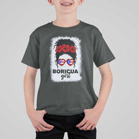 Boricua Girl T Shirt For Kid Messy Bun Puerto Rican Flag Hibiscus Flower - Wonder Print Shop