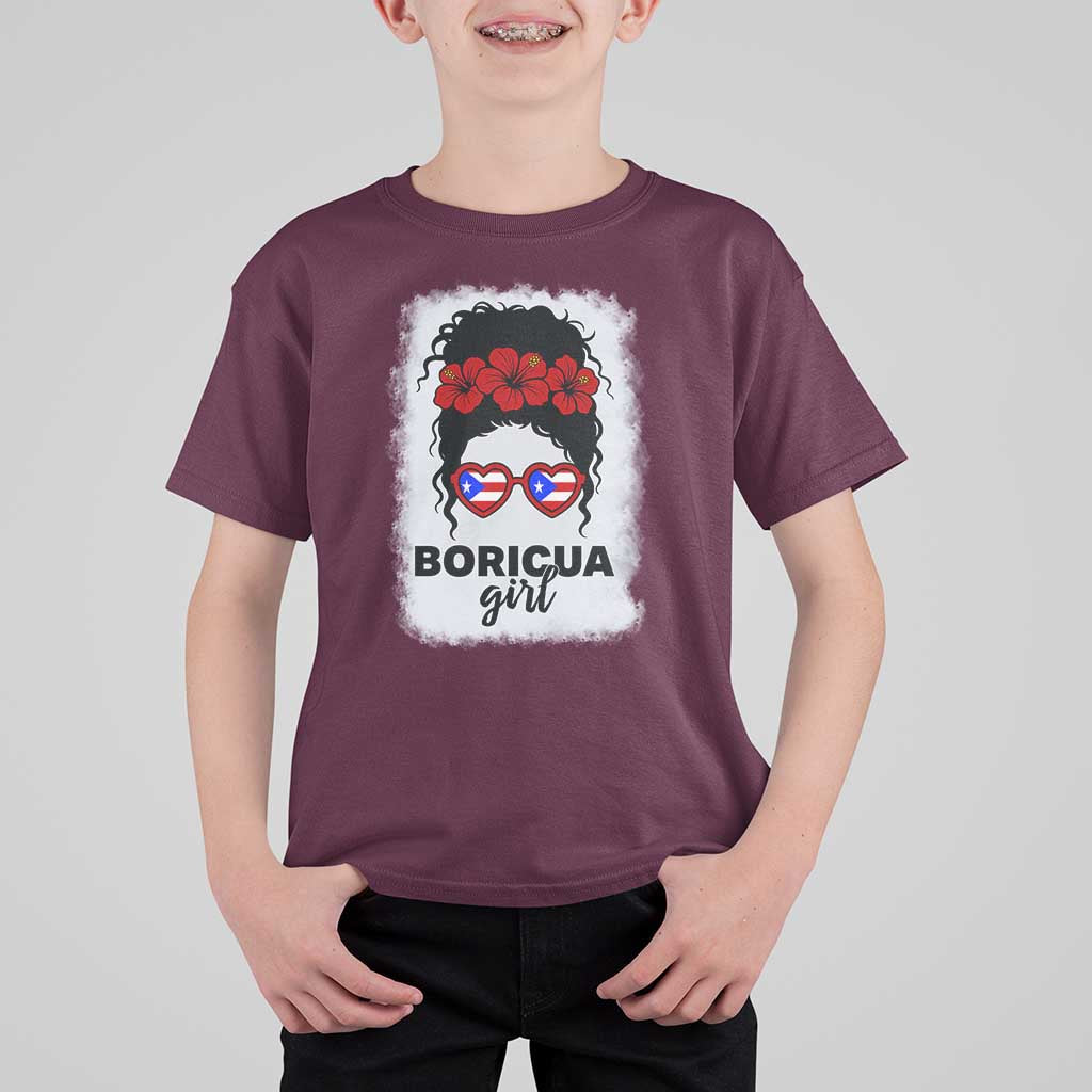Boricua Girl T Shirt For Kid Messy Bun Puerto Rican Flag Hibiscus Flower - Wonder Print Shop