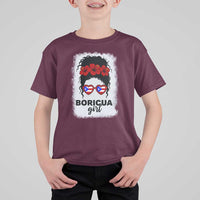 Boricua Girl T Shirt For Kid Messy Bun Puerto Rican Flag Hibiscus Flower - Wonder Print Shop