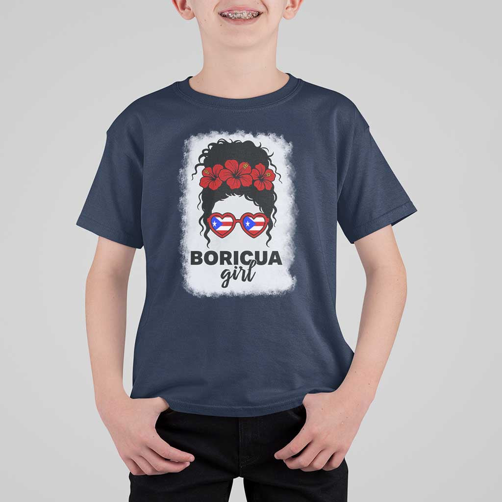 Boricua Girl T Shirt For Kid Messy Bun Puerto Rican Flag Hibiscus Flower - Wonder Print Shop