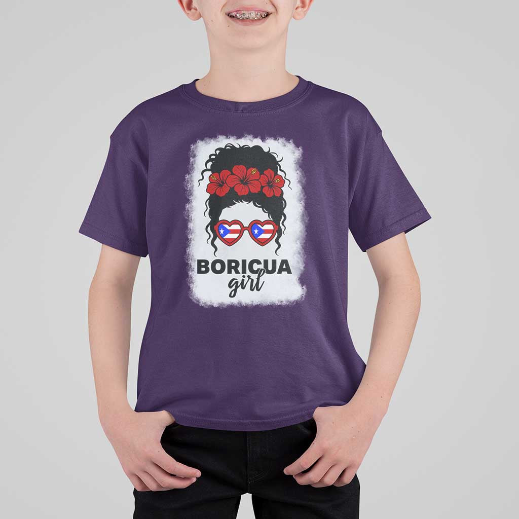 Boricua Girl T Shirt For Kid Messy Bun Puerto Rican Flag Hibiscus Flower - Wonder Print Shop