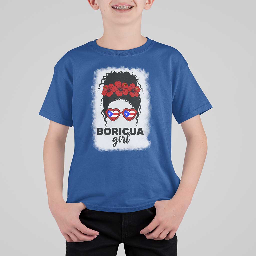 Boricua Girl T Shirt For Kid Messy Bun Puerto Rican Flag Hibiscus Flower - Wonder Print Shop