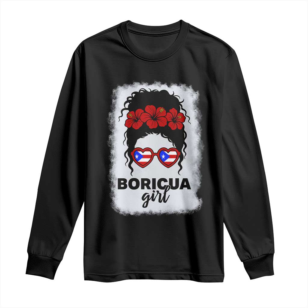 Boricua Girl Long Sleeve Shirt Messy Bun Puerto Rican Flag Hibiscus Flower - Wonder Print Shop