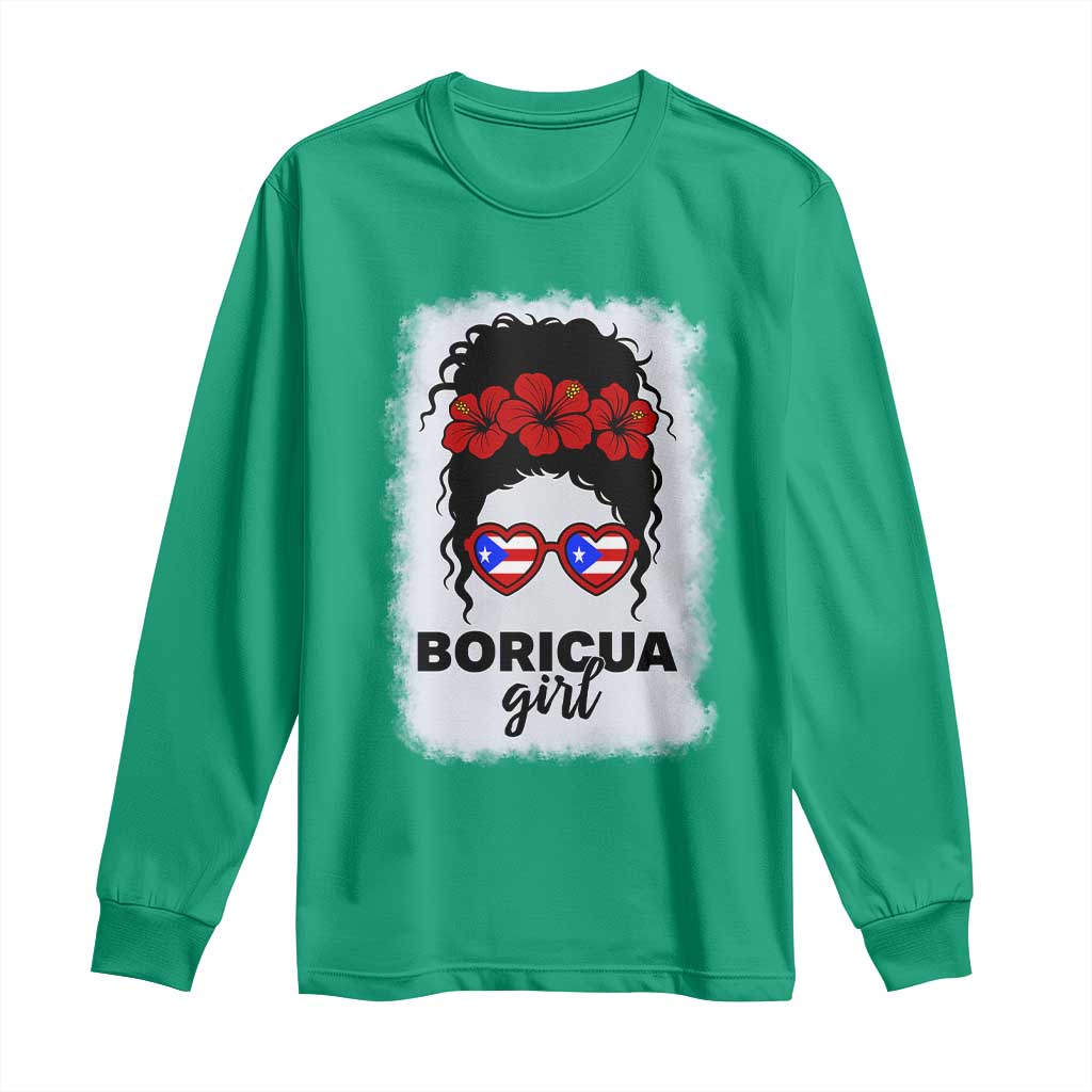 Boricua Girl Long Sleeve Shirt Messy Bun Puerto Rican Flag Hibiscus Flower - Wonder Print Shop
