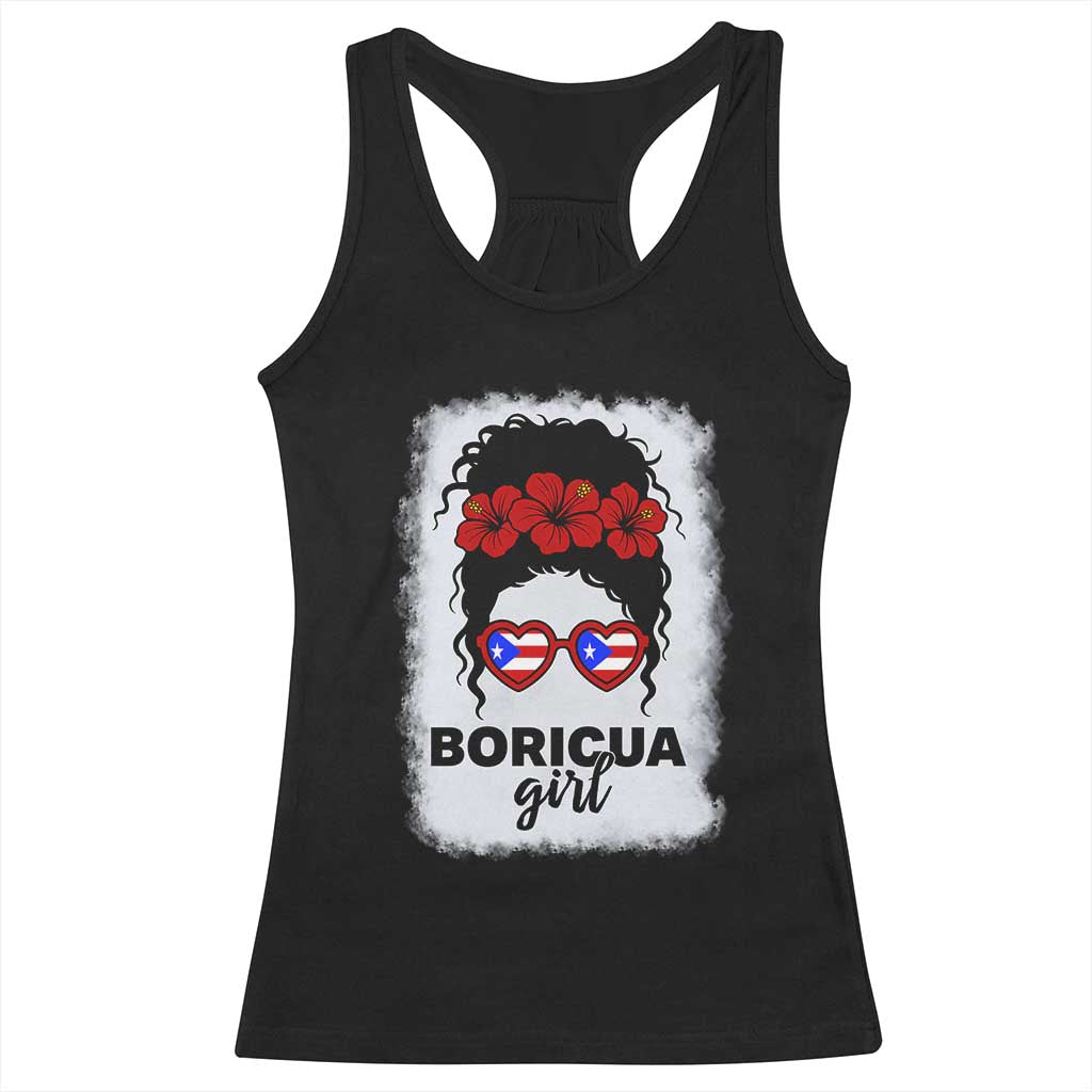 Boricua Girl Racerback Tank Top Messy Bun Puerto Rican Flag Hibiscus Flower - Wonder Print Shop