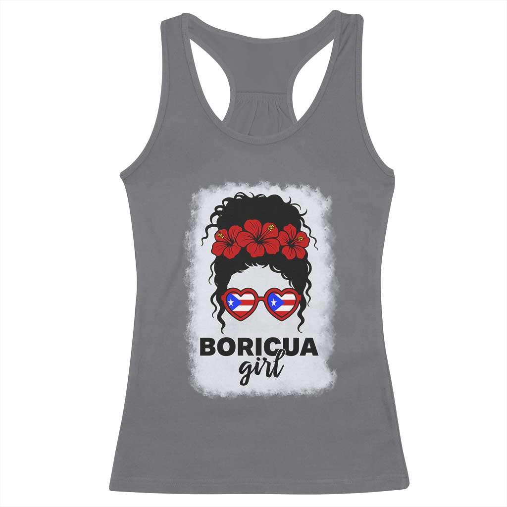 Boricua Girl Racerback Tank Top Messy Bun Puerto Rican Flag Hibiscus Flower - Wonder Print Shop