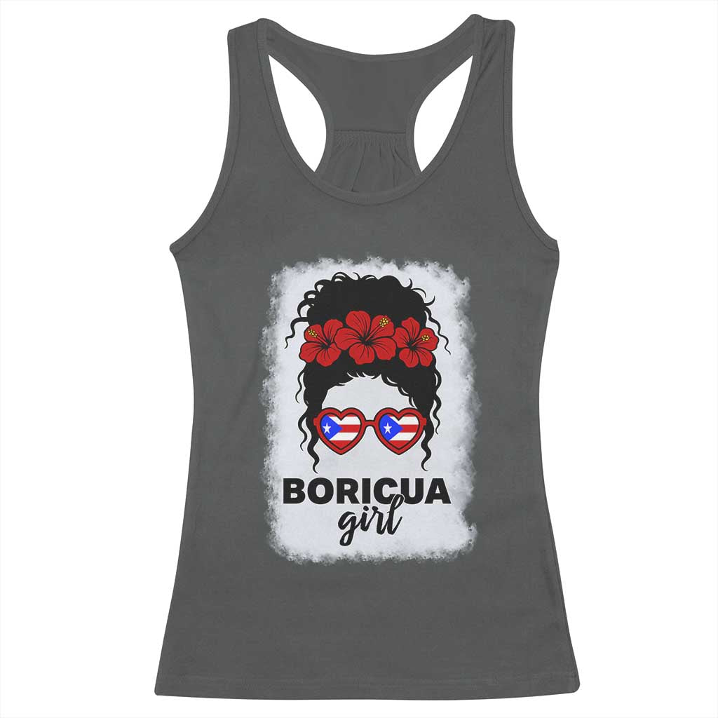 Boricua Girl Racerback Tank Top Messy Bun Puerto Rican Flag Hibiscus Flower - Wonder Print Shop