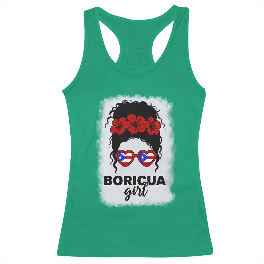 Boricua Girl Racerback Tank Top Messy Bun Puerto Rican Flag Hibiscus Flower - Wonder Print Shop