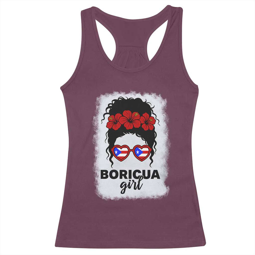 Boricua Girl Racerback Tank Top Messy Bun Puerto Rican Flag Hibiscus Flower - Wonder Print Shop