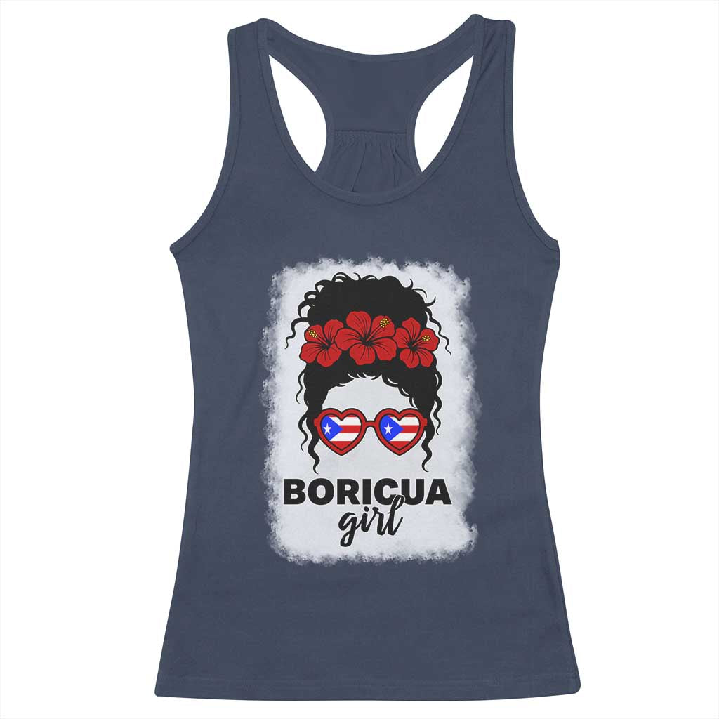 Boricua Girl Racerback Tank Top Messy Bun Puerto Rican Flag Hibiscus Flower - Wonder Print Shop