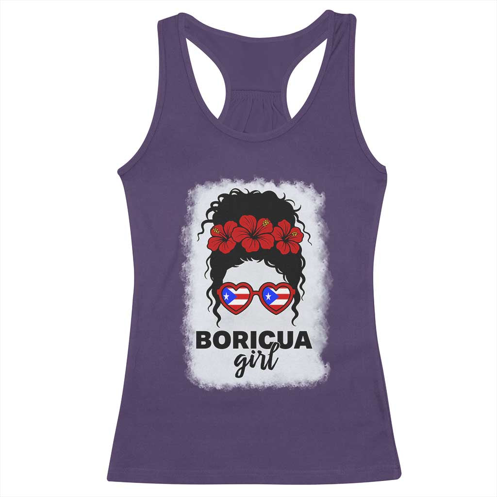 Boricua Girl Racerback Tank Top Messy Bun Puerto Rican Flag Hibiscus Flower - Wonder Print Shop