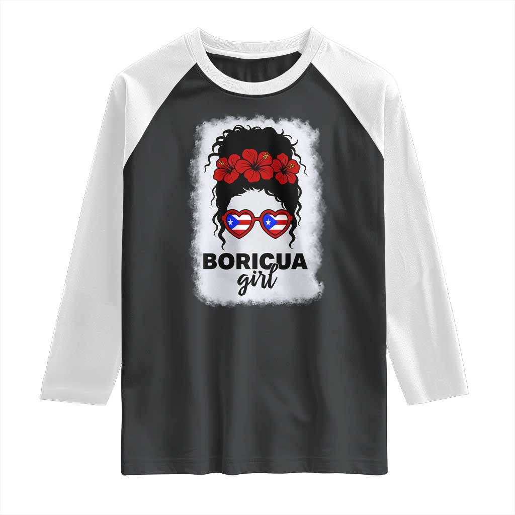 Boricua Girl Raglan Shirt Messy Bun Puerto Rican Flag Hibiscus Flower - Wonder Print Shop