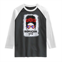 Boricua Girl Raglan Shirt Messy Bun Puerto Rican Flag Hibiscus Flower - Wonder Print Shop