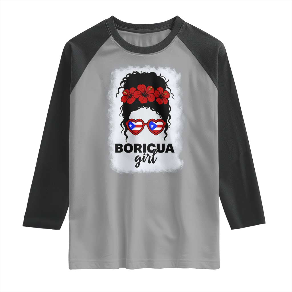 Boricua Girl Raglan Shirt Messy Bun Puerto Rican Flag Hibiscus Flower - Wonder Print Shop