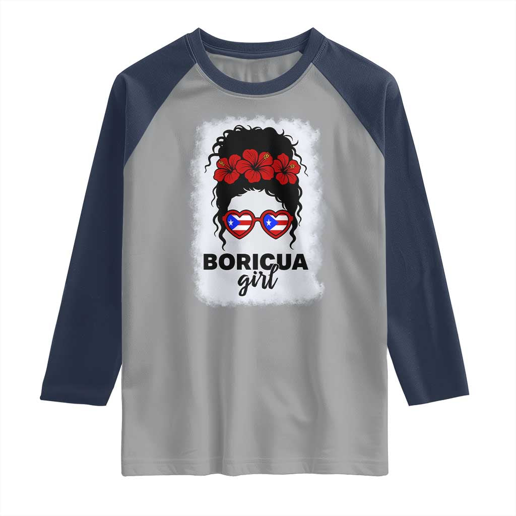 Boricua Girl Raglan Shirt Messy Bun Puerto Rican Flag Hibiscus Flower - Wonder Print Shop