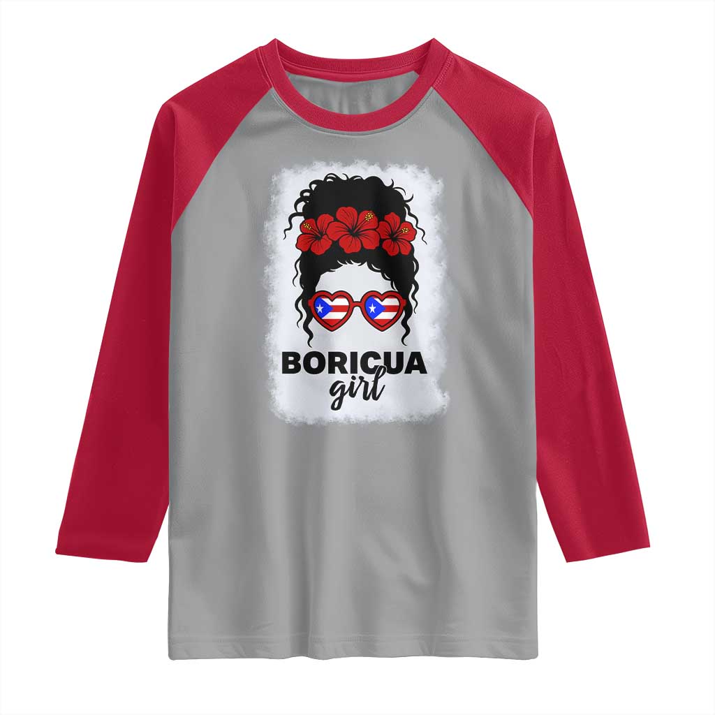 Boricua Girl Raglan Shirt Messy Bun Puerto Rican Flag Hibiscus Flower - Wonder Print Shop