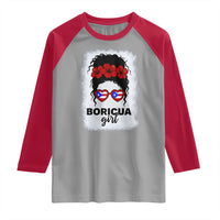 Boricua Girl Raglan Shirt Messy Bun Puerto Rican Flag Hibiscus Flower - Wonder Print Shop