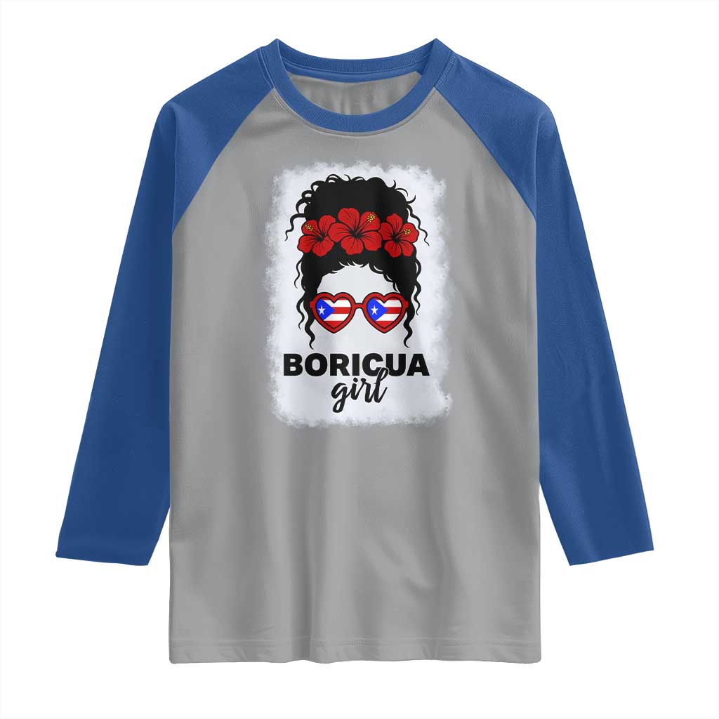 Boricua Girl Raglan Shirt Messy Bun Puerto Rican Flag Hibiscus Flower - Wonder Print Shop