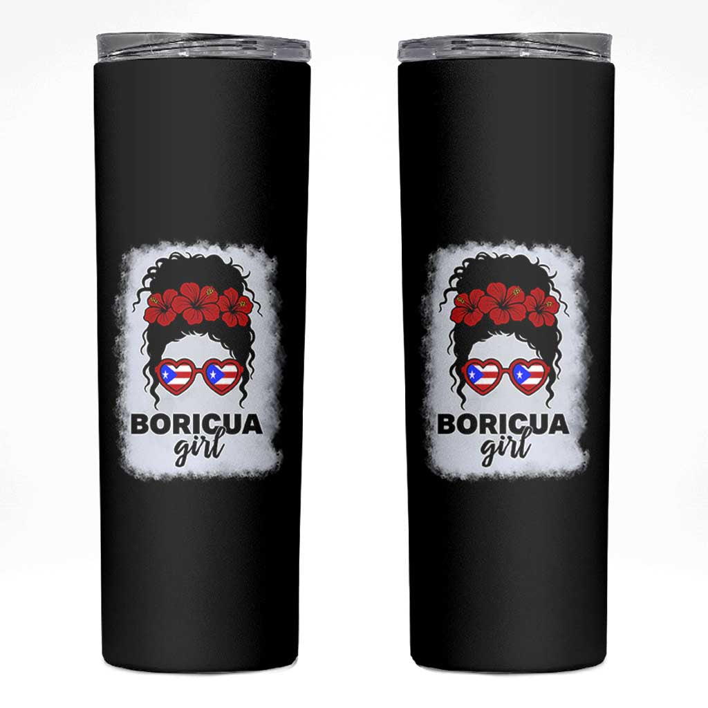 Boricua Girl Skinny Tumbler Messy Bun Puerto Rican Flag Hibiscus Flower - Wonder Print Shop