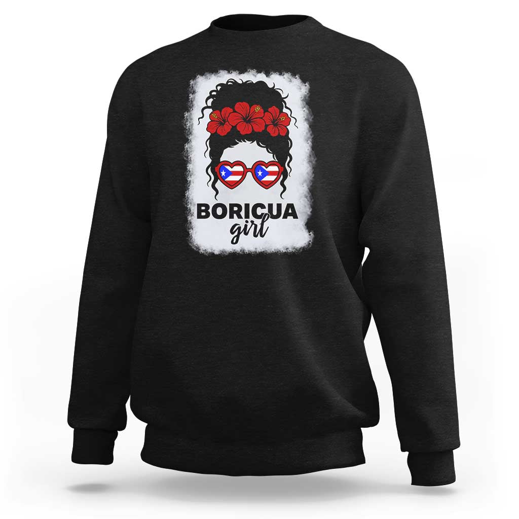 Boricua Girl Sweatshirt Messy Bun Puerto Rican Flag Hibiscus Flower - Wonder Print Shop