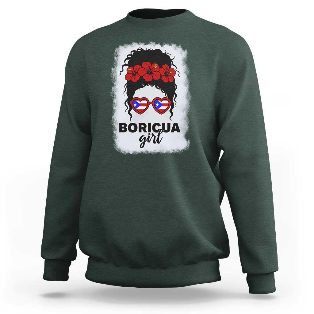 Boricua Girl Sweatshirt Messy Bun Puerto Rican Flag Hibiscus Flower - Wonder Print Shop