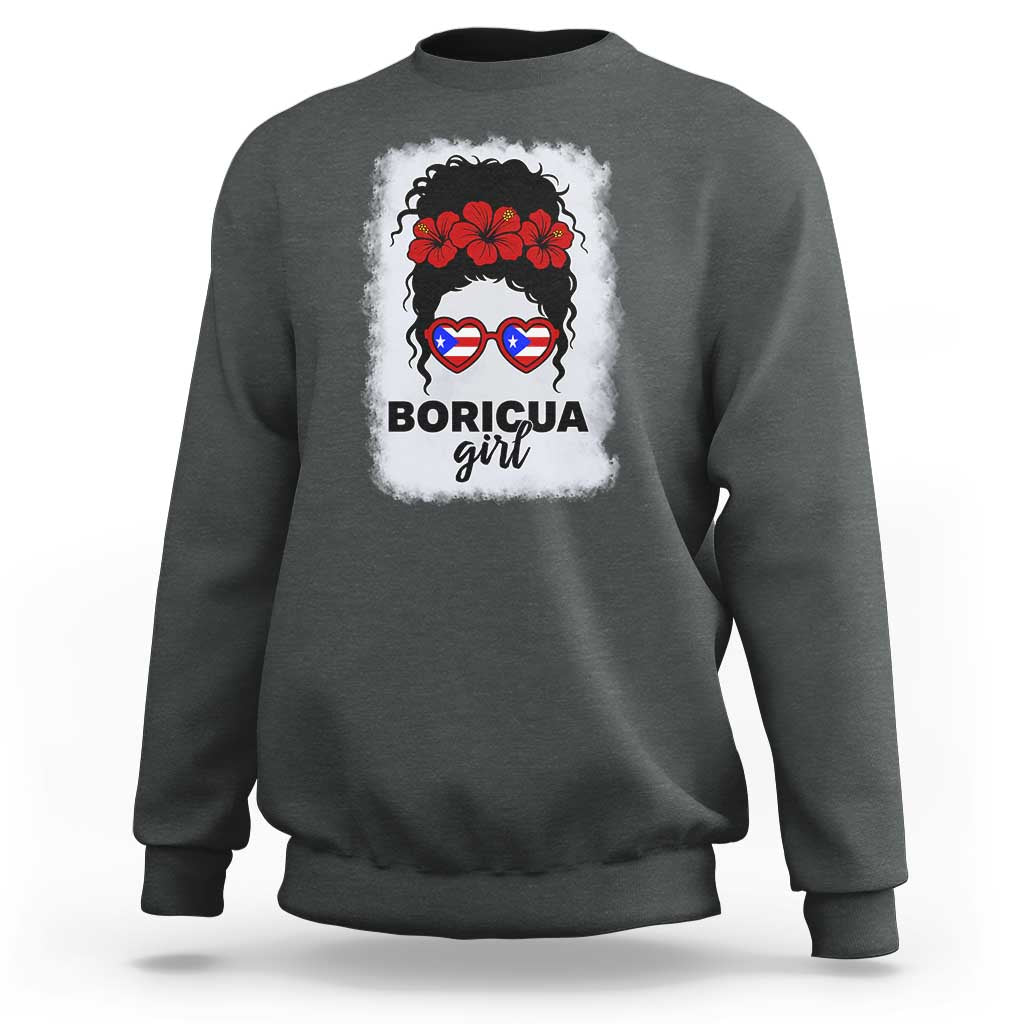 Boricua Girl Sweatshirt Messy Bun Puerto Rican Flag Hibiscus Flower - Wonder Print Shop