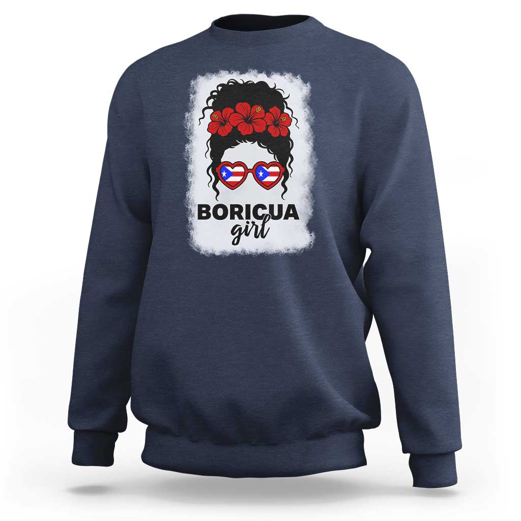 Boricua Girl Sweatshirt Messy Bun Puerto Rican Flag Hibiscus Flower - Wonder Print Shop