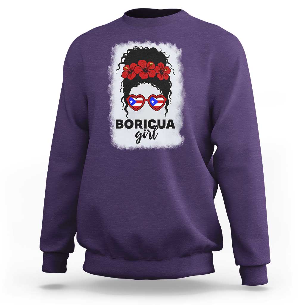 Boricua Girl Sweatshirt Messy Bun Puerto Rican Flag Hibiscus Flower - Wonder Print Shop