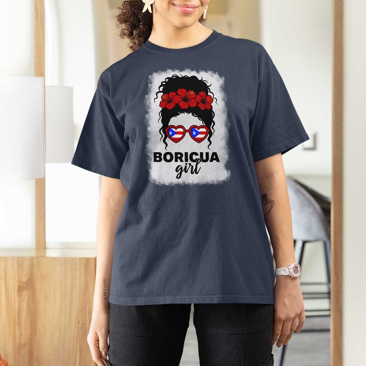 Boricua Girl T Shirt For Women Messy Bun Puerto Rican Flag Hibiscus Flower - Wonder Print Shop