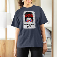 Boricua Girl T Shirt For Women Messy Bun Puerto Rican Flag Hibiscus Flower - Wonder Print Shop