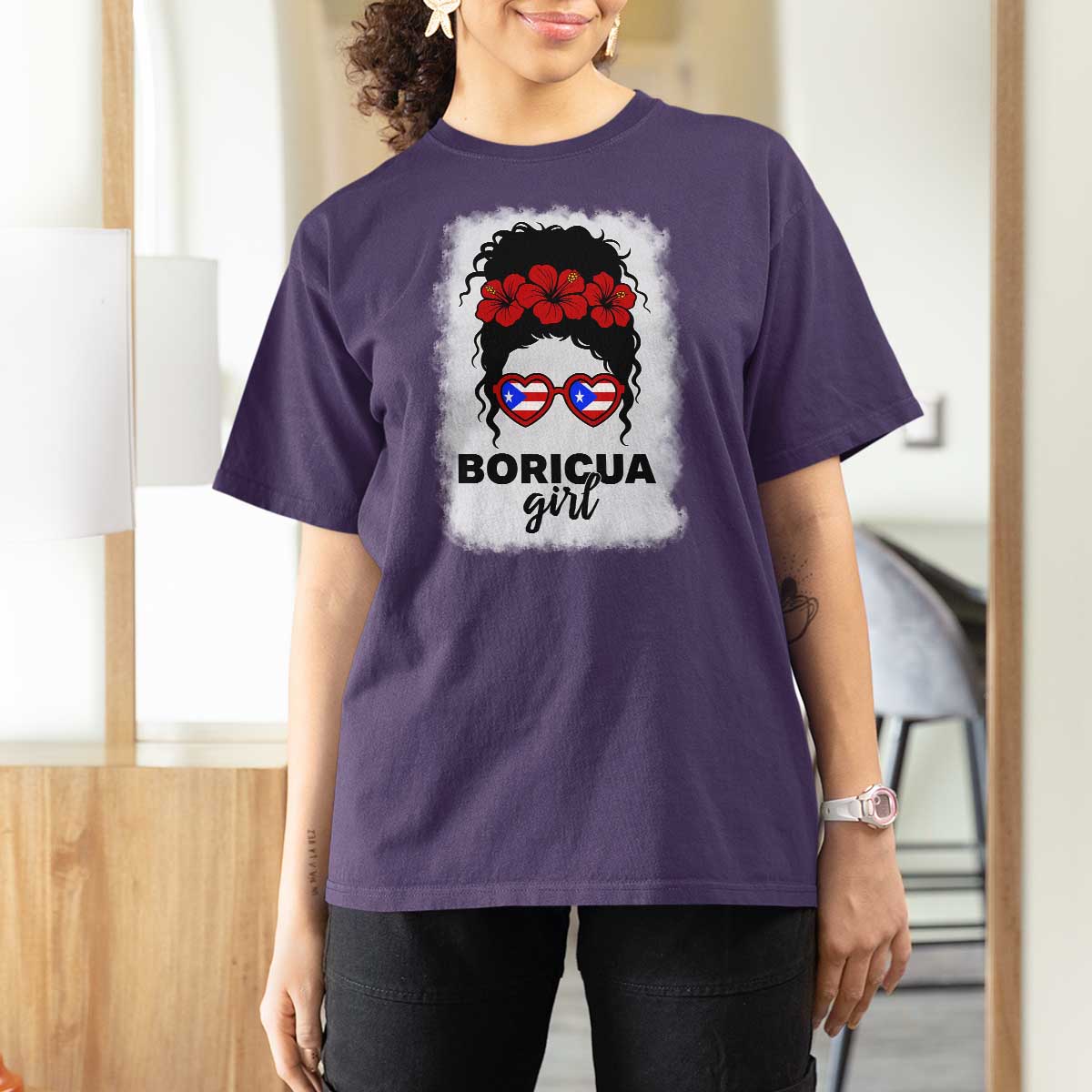 Boricua Girl T Shirt For Women Messy Bun Puerto Rican Flag Hibiscus Flower - Wonder Print Shop