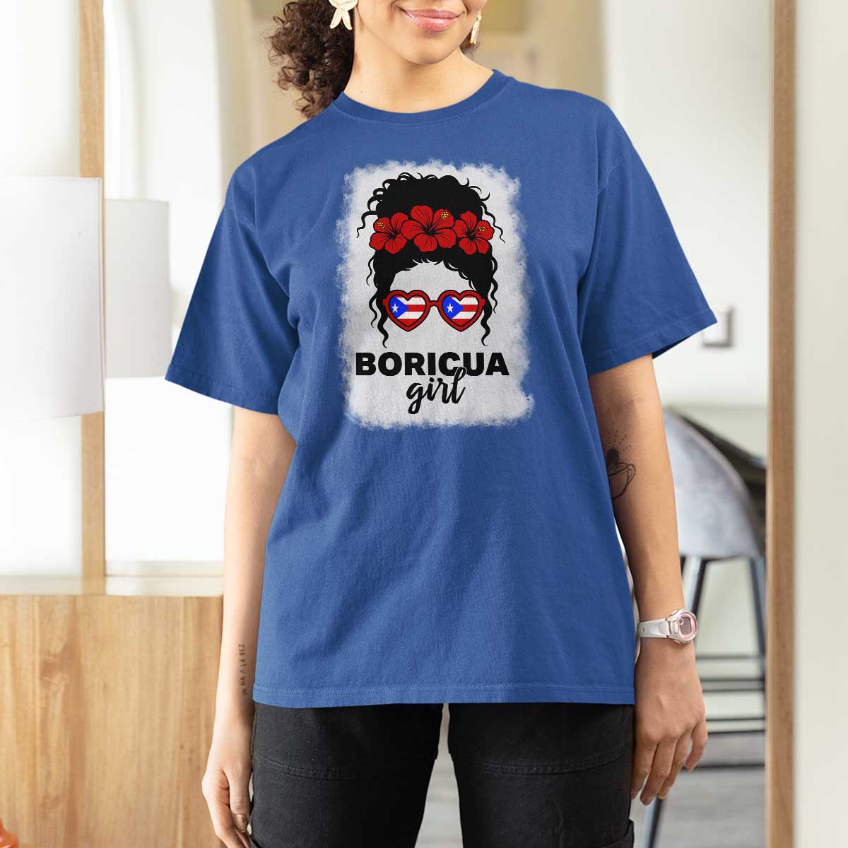 Boricua Girl T Shirt For Women Messy Bun Puerto Rican Flag Hibiscus Flower - Wonder Print Shop