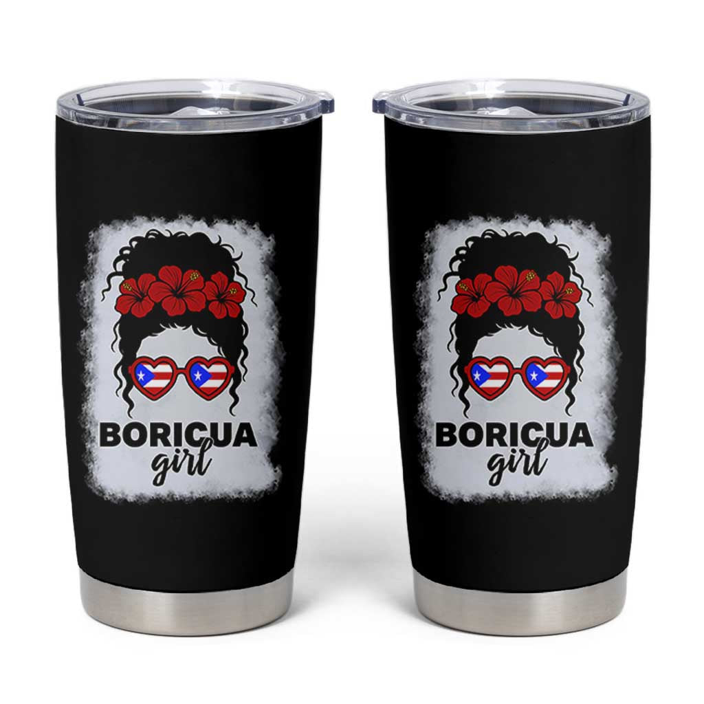 Boricua Girl Tumbler Cup Messy Bun Puerto Rican Flag Hibiscus Flower - Wonder Print Shop