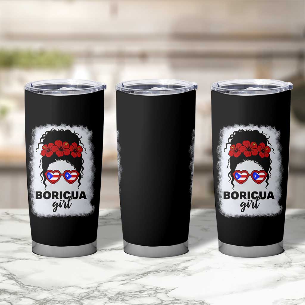 Boricua Girl Tumbler Cup Messy Bun Puerto Rican Flag Hibiscus Flower - Wonder Print Shop