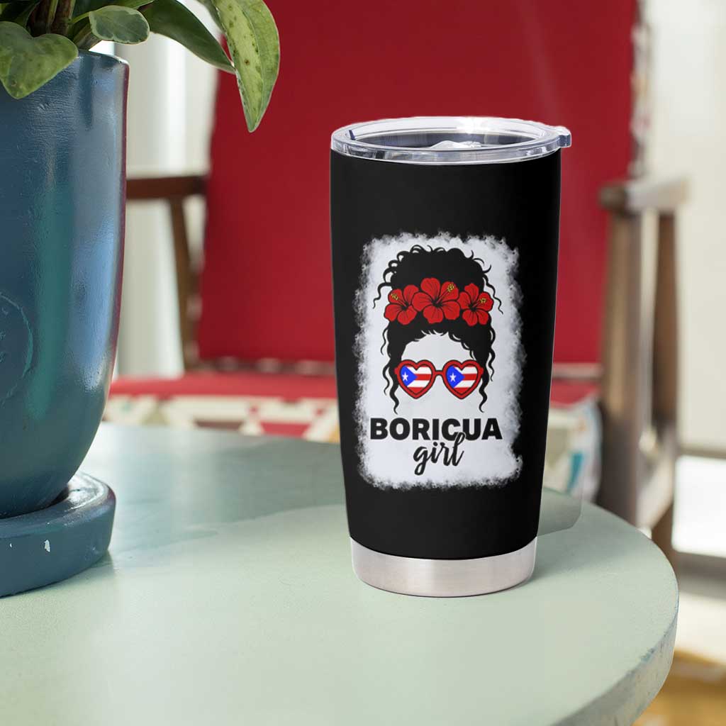 Boricua Girl Tumbler Cup Messy Bun Puerto Rican Flag Hibiscus Flower - Wonder Print Shop