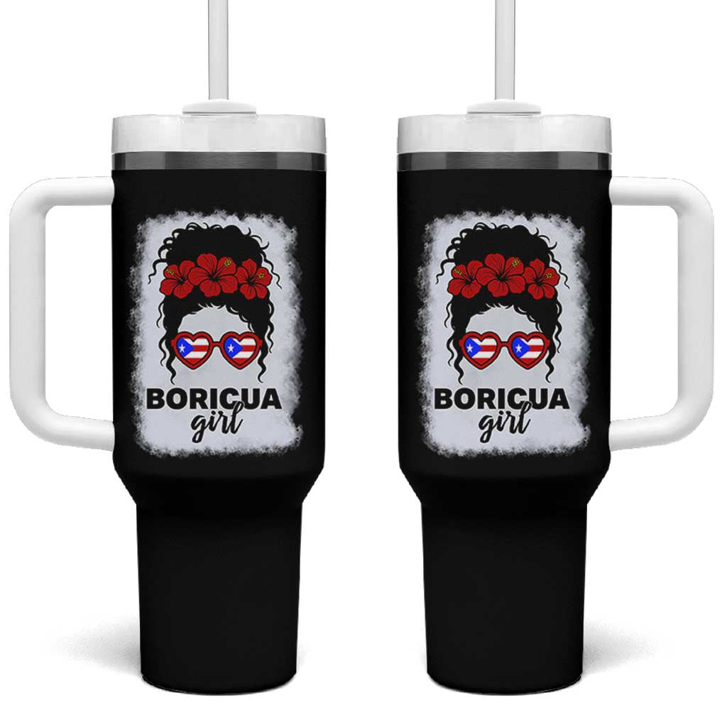 Boricua Girl Tumbler With Handle Messy Bun Puerto Rican Flag Hibiscus Flower - Wonder Print Shop