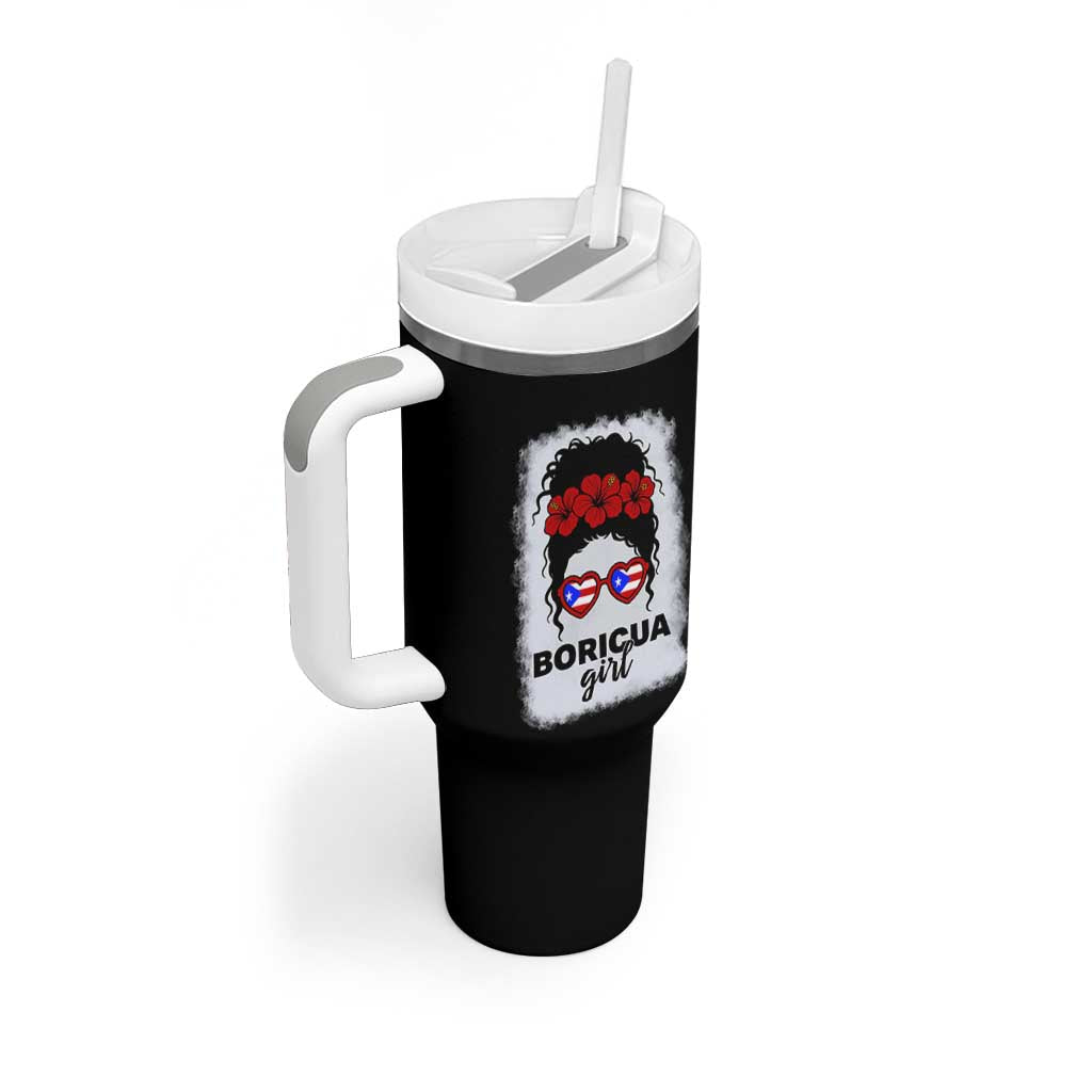 Boricua Girl Tumbler With Handle Messy Bun Puerto Rican Flag Hibiscus Flower - Wonder Print Shop