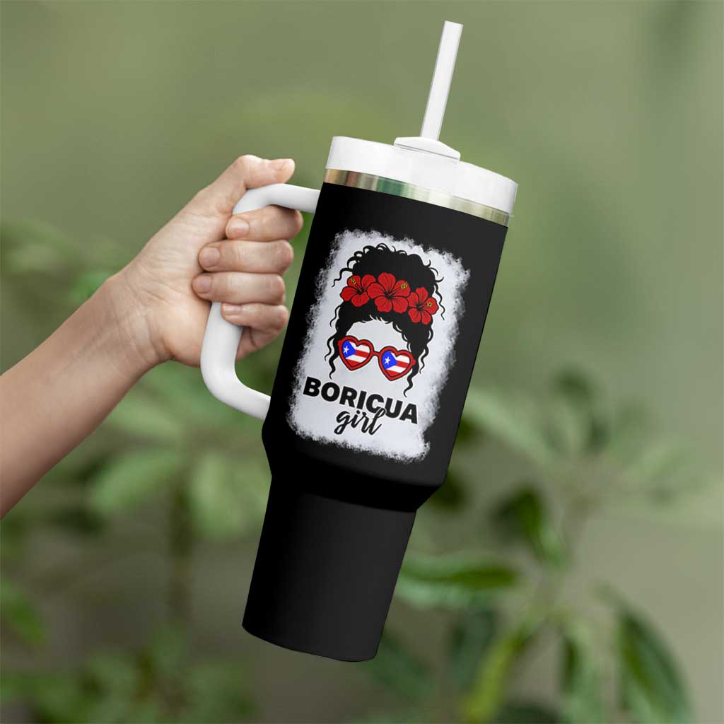 Boricua Girl Tumbler With Handle Messy Bun Puerto Rican Flag Hibiscus Flower - Wonder Print Shop