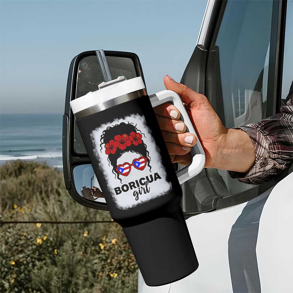 Boricua Girl Tumbler With Handle Messy Bun Puerto Rican Flag Hibiscus Flower - Wonder Print Shop