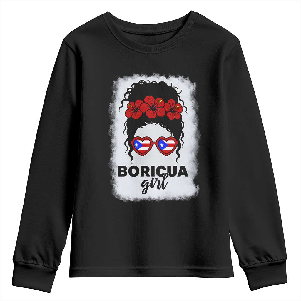 Boricua Girl Youth Sweatshirt Messy Bun Puerto Rican Flag Hibiscus Flower - Wonder Print Shop