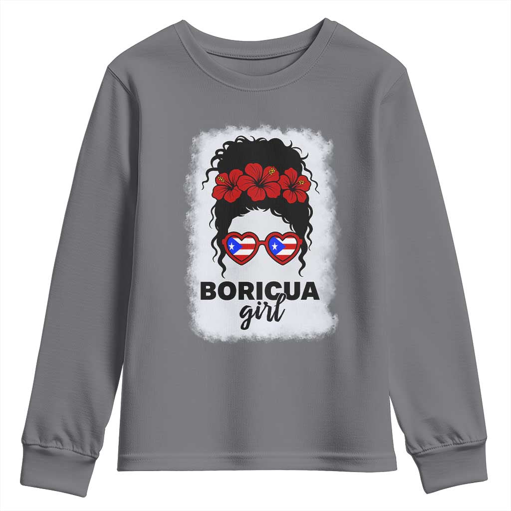 Boricua Girl Youth Sweatshirt Messy Bun Puerto Rican Flag Hibiscus Flower - Wonder Print Shop