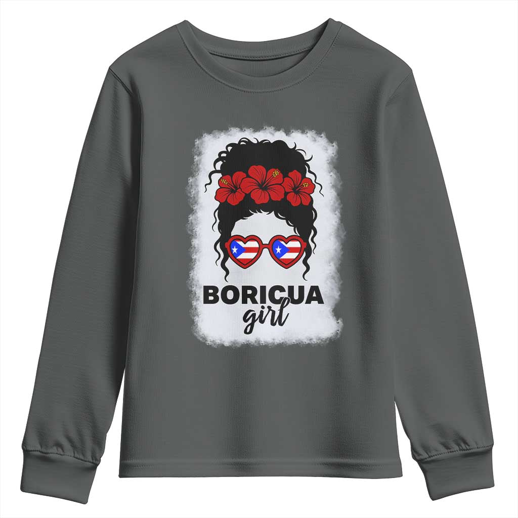 Boricua Girl Youth Sweatshirt Messy Bun Puerto Rican Flag Hibiscus Flower - Wonder Print Shop