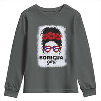 Boricua Girl Youth Sweatshirt Messy Bun Puerto Rican Flag Hibiscus Flower - Wonder Print Shop